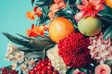 Wall Mural - A close-up view of a colorful arrangement of flowers and fresh fruit