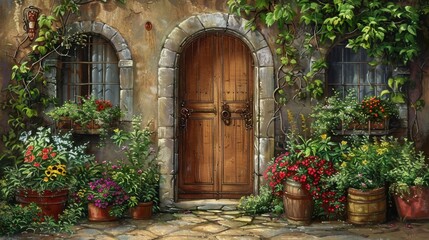 Canvas Print - charming rustic door surrounded by vibrant flowers and greenery creates welcoming atmosphere. stone walls and wooden door add to quaint appeal of this picturesque scene