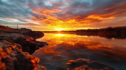 Wall Mural - An awe-inspiring fiery sunset paints the sky with vibrant hues, reflected on the calm river surface, creating a dramatic yet serene natural landscape view.