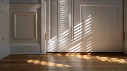 Poster - sunlight casts beautiful shadows on wooden floor, creating serene atmosphere in room. interplay of light and shadow enhances elegance of space