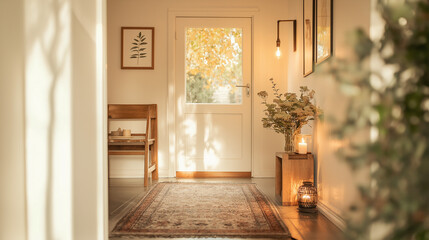 Wall Mural - A small, cozy hallway with soft warm lighting, wooden furniture, and a vintage rug on the floor