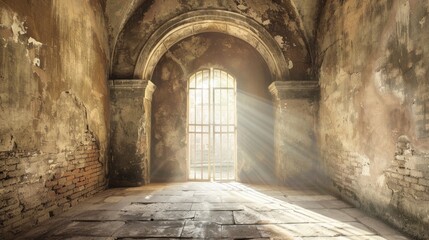 Poster - dimly lit, abandoned room with weathered walls and barred window allows soft rays of light to filter through, creating haunting yet serene atmosphere