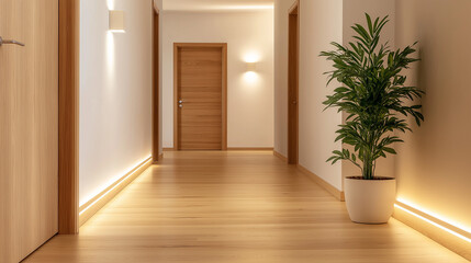 Wall Mural - Modern cozy hallway with soft lighting, minimalist decor, and wooden flooring, giving a sense of warmth and comfort