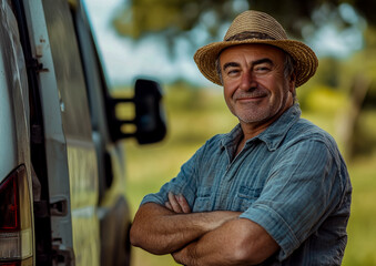 A middle-aged farmer in casual attire stands proudly next to his van, arms crossed and smiling at the camera.