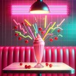 © Graphic ELE - Bright Pink Milkshake Hovering Over a Retro Booth in a Neon-Lit Diner, with Floating Cherries and Straws Adding a Playful, Whimsical Touch to This Fun, Colorful Composition of Retro Vibes.