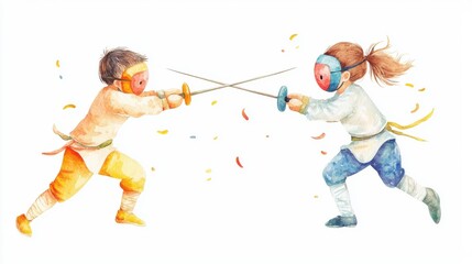 Two children engage in a playful fencing duel, showcasing skill and excitement with swords and protective gear.