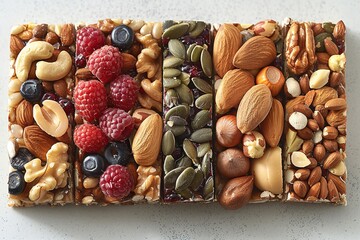 A colorful assortment of nut and fruit bars arranged neatly, showcasing healthy snacks.