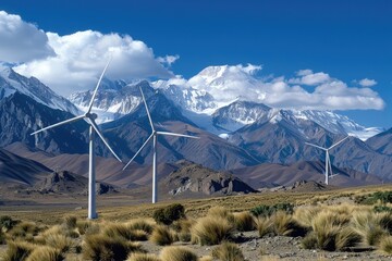 Poster - Wind turbines generating electricity, set against a backdrop of rolling mountains