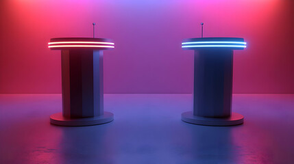 Sticker - 3D Holographic Political Debate Podiums: Stunning Wide Shot of Two Glow Podiums with Party Colors & Candidate Name Space on Stage - Perfect for Creative Projects