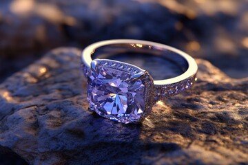 Sticker - A stunning purple diamond ring sits atop a natural rock, perfect for a jewelry or gemstone-inspired scene