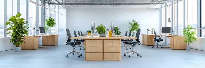 Aufkleber - Bright and Airy Minimalist Office Interior with Clean Desks and Large Glass Windows Symbolizing a Modern and Productive Commercial Work Environment