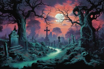 Wall Mural - spooky graveyard landscape outdoors cemetery.