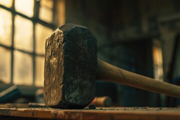 Sticker - A hammer placed on a wooden table, ready for use