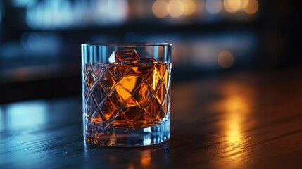 Poster - A glass of whiskey sits on a wooden table, ready for drinking