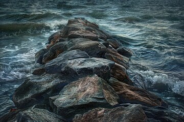 Wall Mural - A large rock sits in the middle of a calm ocean, surrounded by clear blue water