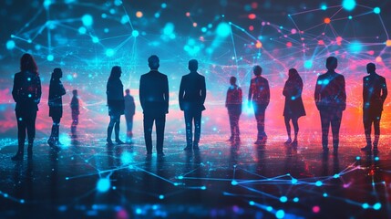 Wall Mural - silhouettes of diverse professionals stand amidst a vibrant digital landscape, symbolizing the inter