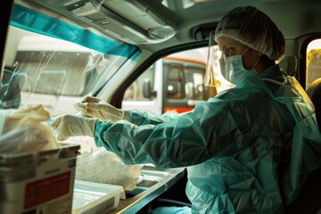 Poster - A person wearing personal protective equipment drives a vehicle, possibly during a pandemic or outbreak