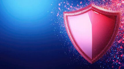 Glittering Pink and Red Shield on Blue Background