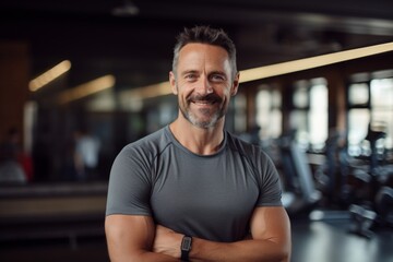 Portrait of a joyful man in his 40s sporting a long-sleeved thermal undershirt isolated on dynamic fitness gym background