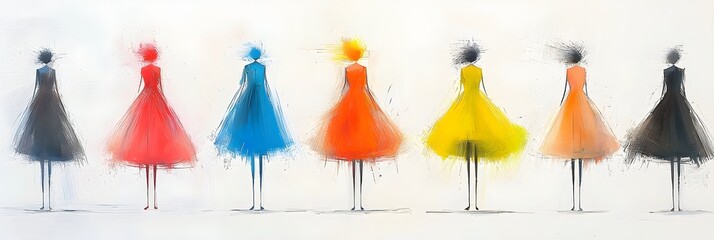 Aufkleber - Elegant abstract silhouettes of stylized dresses and garments sketched against vibrant modern backdrops  Creative fashion with a minimalist conceptual aesthetic