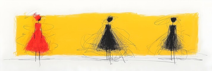 Aufkleber - Elegant and Minimalist Silhouettes of Fashion Dresses Sketched with Precision Against Bright and Vibrant Backgrounds Showcasing a Modern and Conceptual Design Approach