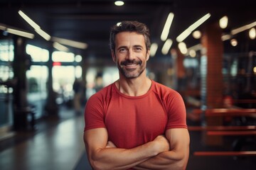 Portrait of a joyful man in his 40s sporting a long-sleeved thermal undershirt in front of dynamic fitness gym background