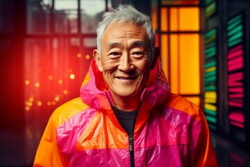 Poster - Portrait of a glad asian man in his 80s wearing a vibrant raincoat over dynamic fitness gym background