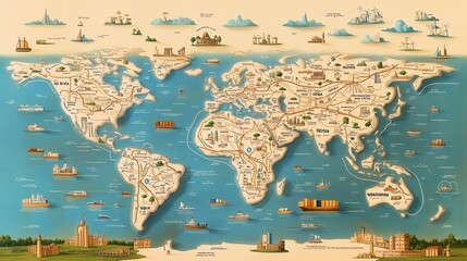 A handdrawn pencil color illustration of a global map with routes connecting major cities, showcasing the international reach of logistics and transportation