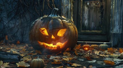 Sticker - A carved pumpkin sits atop a pile of colorful fall leaves