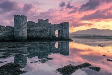 Poster - A castle reflected in the calm water at sunset with warm orange tones