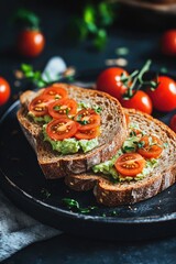 Canvas Print - Freshly prepared avocado toast with ripe tomatoes on top