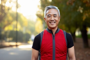 Portrait of a content asian man in his 50s wearing a lightweight running vest in bright and cheerful park background