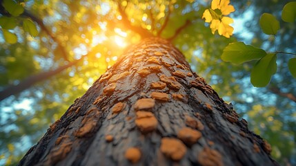Wall Mural - A low angle view of a tree trunk with green leaves and sunlight shining through the branches.