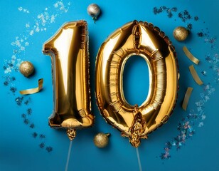 banner with number 10 golden balloon ten year anniversary celebration bright blue background detailed and realistic image