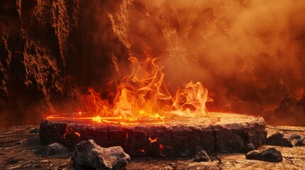 Wall Mural - a fiery ring burns on a stone platform within a rocky cave, creating a mystical setting with vibrant