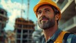 © banyu bening - A construction worker with a yellow hard hat looks thoughtfully at a building under construction.