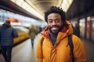 Wall Mural - Portrait of a jovial afro-american man in his 30s wearing a windproof softshell isolated in bustling city subway background