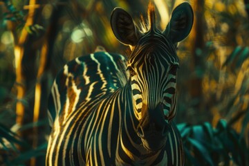 Poster - A zebra standing in the middle of a forest, looking around