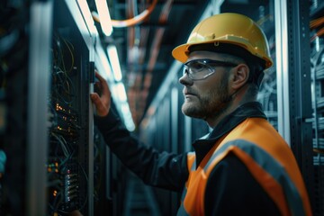 Canvas Print - A worker on site wearing personal protective equipment (PPE) for construction jobsite