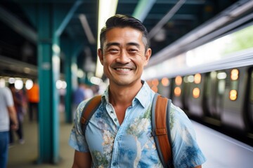 Portrait of a blissful asian man in his 40s sporting a technical climbing shirt isolated in bustling city subway background