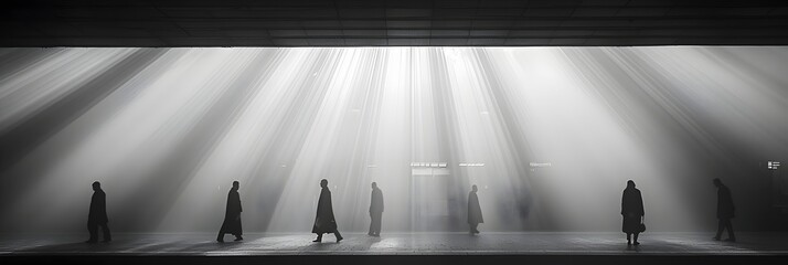 Fototapete - Silhouetted figures of people walking through a sunlit train station passage creating a dynamic minimalist and geometric composition with a sense of motion and atmosphere