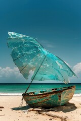 Poster - A boat sitting on the sandy beach, a perfect scene for a summer vacation or outdoor adventure