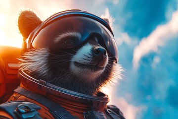 Wall Mural - a raccoon in a space suit with a reflective helmet against a colorful sky.