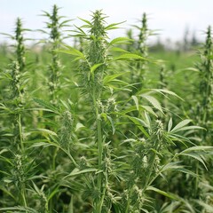 outdoor marijuana field, hemp or cannabis plant flower leaves farm lab. organic product in laborator