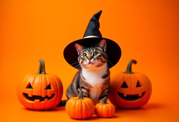 Adorable cat with witch hat and carved Halloween pumpkins on vibrant orange background