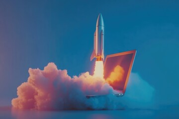 A laptop with a rocket emerging from the screen, for use in tech or innovation concept images