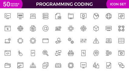 set of programming coding web icons in line style. software development icons for web and mobile app