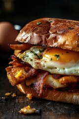 Poster - Freshly made breakfast sandwich with crispy bacon, fried eggs, and toast on a rustic wooden table