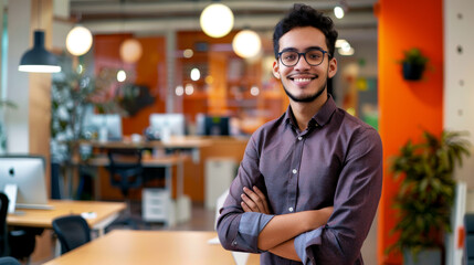 confident young entrepreneur stands in modern office, showcasing professional demeanor. vibrant workspace features plants and contemporary design elements, creating inspiring atmosphere