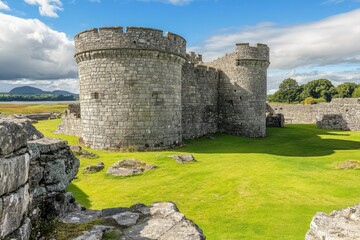 a large stone castle with a lush green lawn in front, ideal for landscape or architecture images